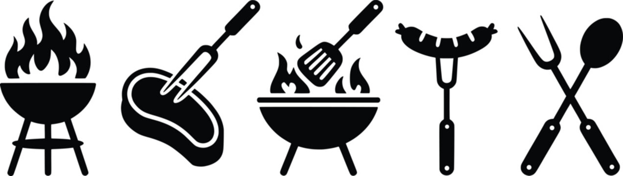BBQ Grill Icons, Barbecue Tools and Meat Silhouettes Collection.