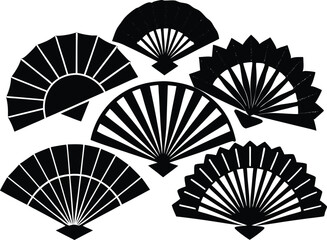Vector art of six different hand fans are shown in a black and white vector graphic isolated on white background