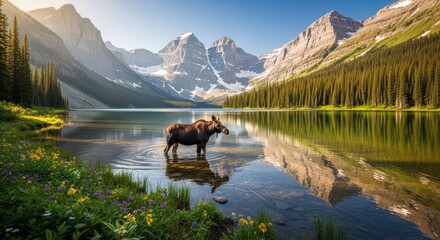  Moose Standing in Lake with Mountain Views in Natural Setting 