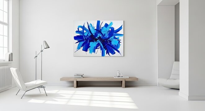 Modern Blue Abstract Painting in Minimalist White Interior 
