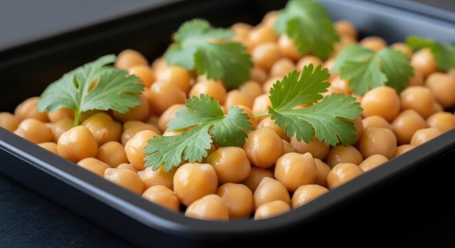 Modern Black Tray with Chickpeas and Cilantro Macro Meal 