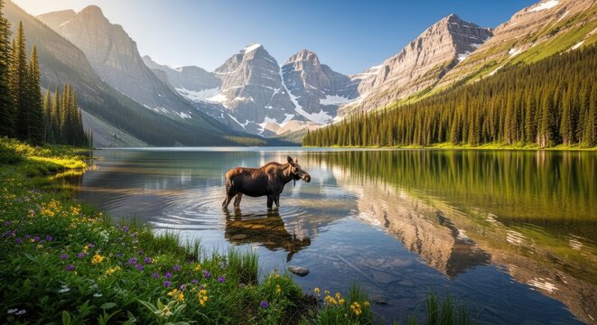  Moose Standing in Lake with Mountain Views in Natural Setting 