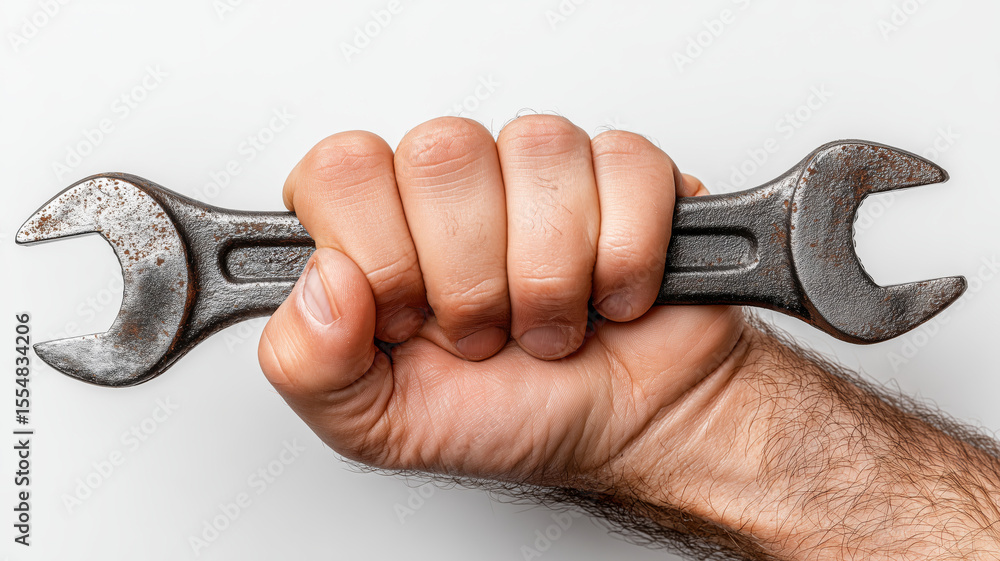 Poster hand gripping a sturdy wrench tool with determination and strength