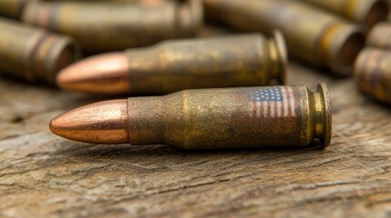 Obraz premium Bullet with flag detail lies on wood, others blurry behind