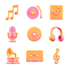 Retro Music Icons 3D Rendered Vintage Audio Equipment and Musical Notes