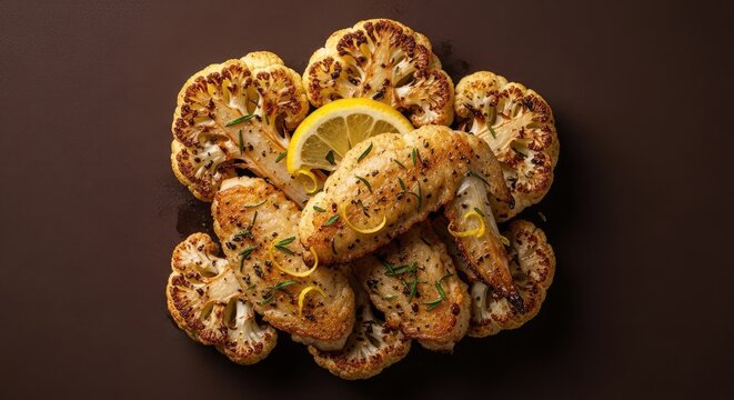 Roasted Cauliflower Wings with Herbs and Lemon on Brown Background 