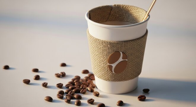  Recycled Coffee Cup Mockup with Hemp Fabric and Coffee Beans. no text