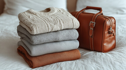 Capsule wardrobe neatly arranged on a white hotel bed in a cozy setting