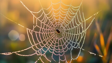 A Beautiful Spiderweb Adorned with Water Droplets at Dawn
