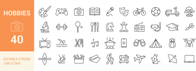 Hobbies Line Editable Icons Set. Includes Sports, Music, Cooking, Photography, Travel, Art, and More. Vector Illustration.