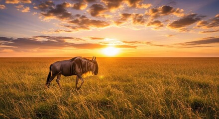  Wildebeest Walking Through Golden Grassland at Sunset with Cloudy Sky
