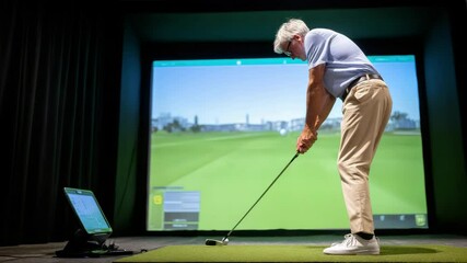 Elderly man indoor golf simulation focused putting artificial turf casual clothing illuminated by screen modern technology relaxed atmosphere senior man golf club simulator virtual course practice - Powered by Adobe