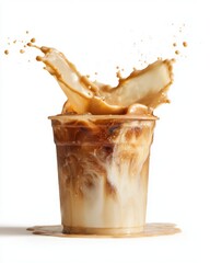 Close-up of caramel iced latte in a transparent cup showcasing swirling coffee texture blending with creamy milk, condensation droplets on the glass surface, commercial product photography