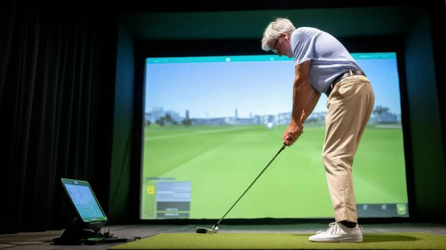 Elderly man indoor golf simulation focused putting artificial turf casual clothing illuminated by screen modern technology relaxed atmosphere senior man golf club simulator virtual course practice - Powered by Adobe