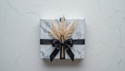 Gift box wrapped in marble paper with a black ribbon and dried flowers on a textured white background.