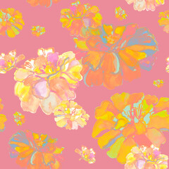 Seamless pattern with artistic painted blooms marigold flowers. Gouache petals of chinese peonies. Template for fabric, textile, surfaces, covers. Floral background with delicate color. 