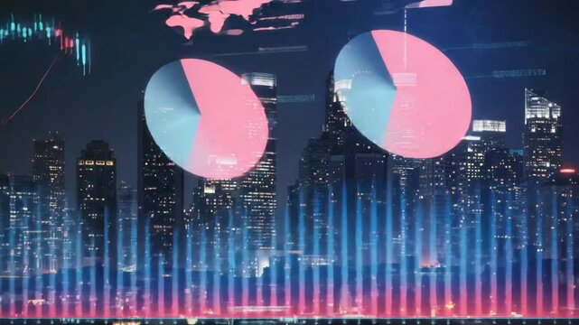 Night city skyline with financial graphs overlay illustrating market trends and data analysis - Powered by Adobe