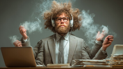 Overburdened assistant trying to find calm in a chaotic office environment