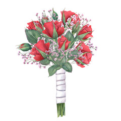 Bright floral bouquet with red roses, leaves and pink gypsophila and tied white satin ribbon watercolor illustration isolated background. Composition for wedding stationary, invitation, greeting card
