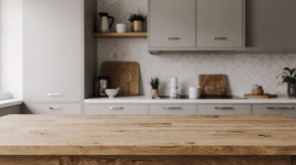 Three different kitchen images with a white countertop. The first image has a wooden countertop with a few items on it, the second image has a white countertop with a few items on it