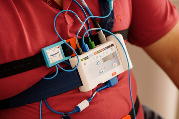 Sleep Apnea Diagnosis with Portable PSG Device on Patients Back. Red Shirt, Monitoring Equipment, Clinical Setting, Healthcare Technology, Diagnostic Test