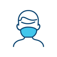 Flat line vector icon of a person wearing a medical face mask, representing safety, protection, and hygiene during pandemic, flu season, or medical environments. Ideal for use in healthcare.