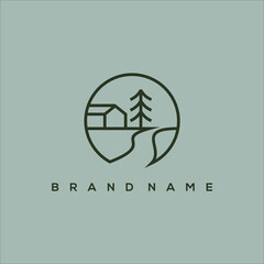 minimalist line art pine house and river logo vector
