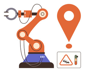 Industrial robotic arm beside a large map pin and traffic congestion symbols. Ideal for automation, navigation, robotics, technology applications, industry, supply chain, or sustainability. Simple
