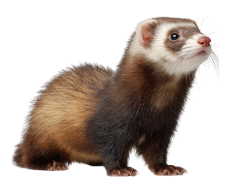 A charming ferret is captured in a studio, its curious eyes and distinctive coat brought to life against a simple background.