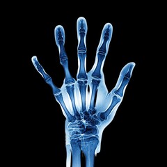 Naklejka premium Human Hand X-Ray Image with Detailed Bone Structure on Black Background
