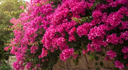 Obraz premium Bougainvillea, Bougainvilleas, Bougainvillaea, Vibrant Pink Bougainvillea Blooming on a Stone Wall