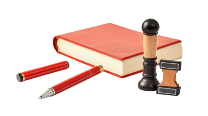 Teacher desk items including red pen, grade book, and stamp, Transparent background, PNG file