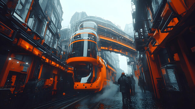 Futuristic city train in narrow street digital art urban transportation science fiction
