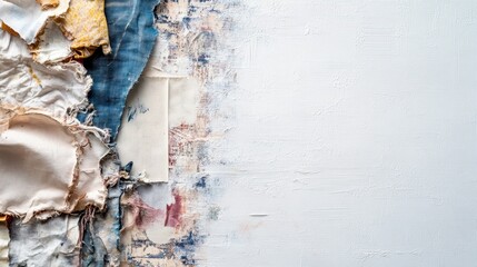 Colorful textile scraps arranged artistically on a canvas background showcasing a variety of fabrics at a creative workspace