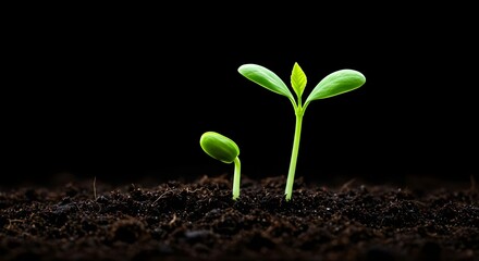 Fototapeta premium Seedling, Sprout, Plant, Two Seedlings Growing in Soil Against Black Background