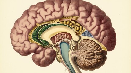 Detailed, vintage illustration of a human brain, side view, showing inner structures