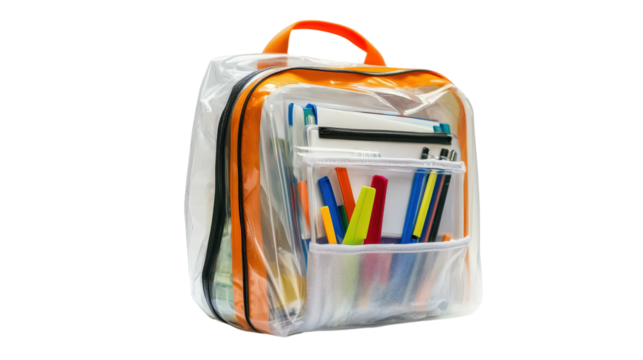 Transparent backpack filled with school supplies, Transparent background, PNG file