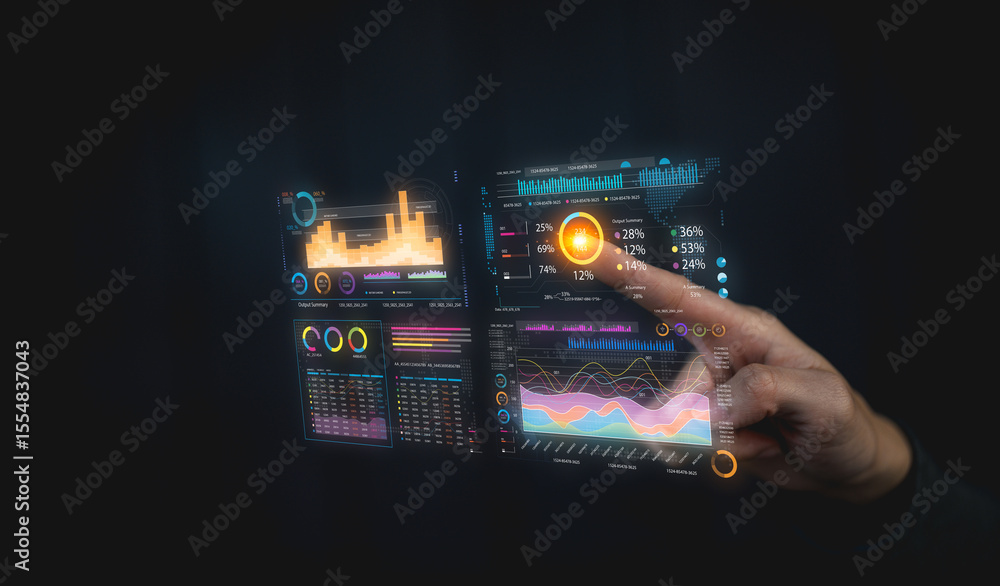 Poster a hand interacts with futuristic transparent digital data charts displaying graphs, statistics, and 