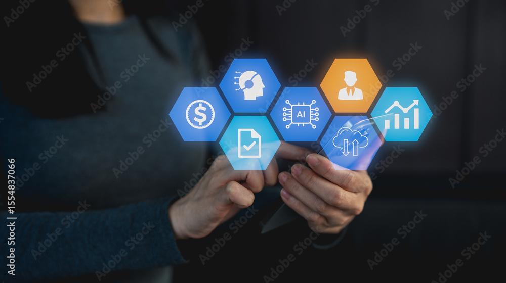 Poster a person interacts with digital icons representing ai, finance, data analysis, and business using a 