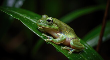 A Close-Up of a Green-eyed Treefrog Against a Background of Wet Moss and Bark 