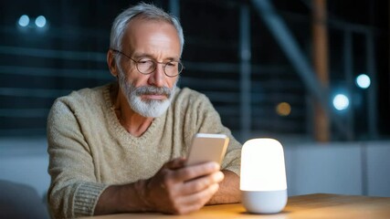 Elderly man with gray hair, beard, glasses, and beige sweater sitting indoors night, using smartphone near glowing smart lamp, focused and thoughtful mood, modern technology lifestyle, relaxed - Powered by Adobe