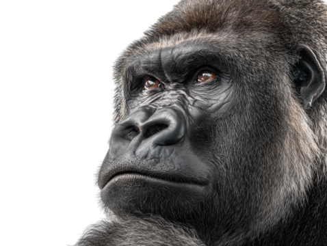 A close-up portrait of a formidable gorilla, his intelligent eyes hold a contemplative gaze. 