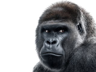 A close-up portrait of a powerful gorilla, its intense gaze conveying wisdom