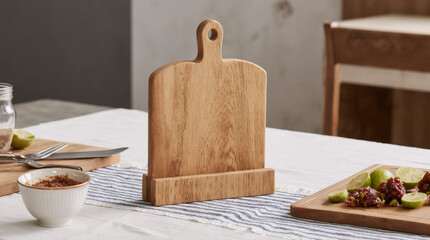 Blurred white tiles wall modern kitchen with chopping board, modern lamp