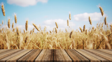 Agriculture, farming, cereal, land cultivation and texture concept - field of ripening wheat ears or rye spikes with wooden boards
