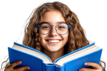 Happy young girl with curly hair and glasses holding a blue book, smiling brightly and enjoying reading in a cheerful atmosphere