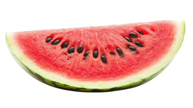 Watermelon slice with red juicy interior and black seeds, rind edge visible, Transparent background, PNG file