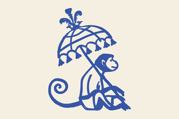 Monkey under tropical umbrella naive ink sketch vector illustration