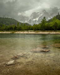 Lake Jasna (Jezero Jasna) banks in Slovenia