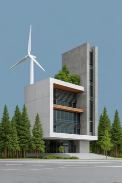 A tall building with a wind turbine on top